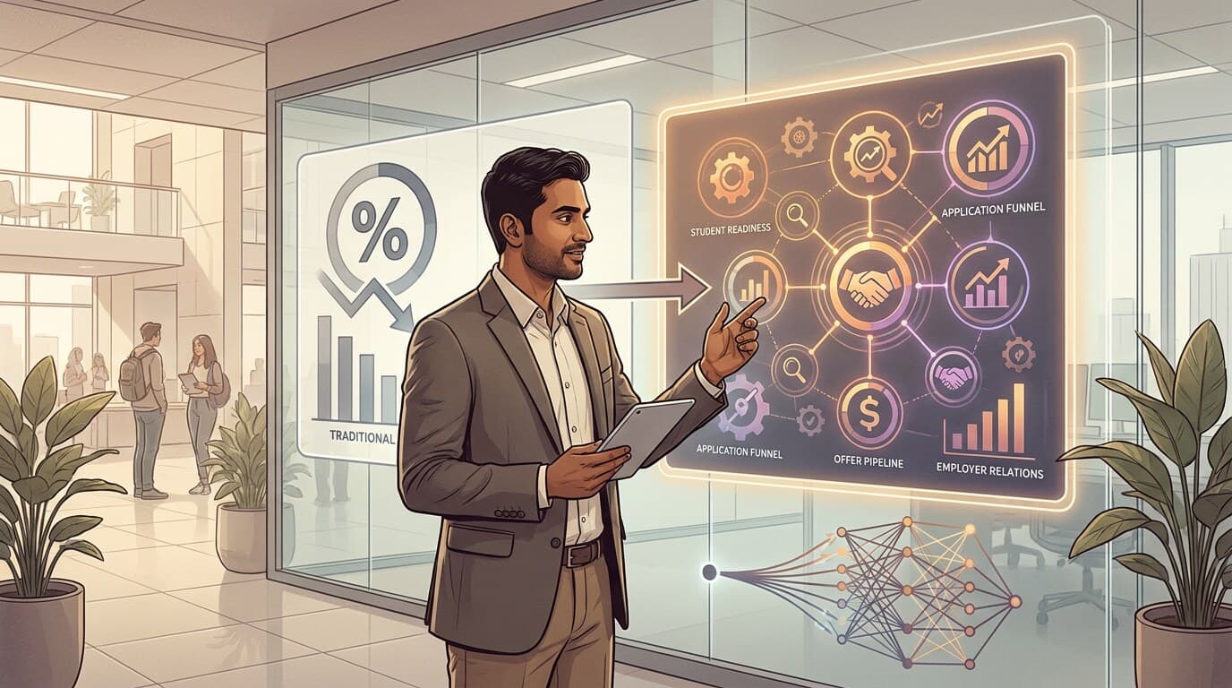 A placement officer turning away from a falling placement-percentage chart toward a connected dashboard of student readiness, application funnel, offer pipeline and employer relationships